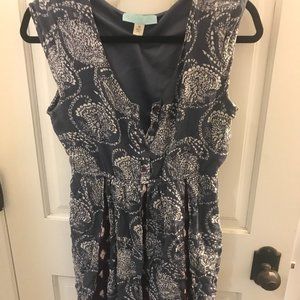 Boho Tunic Dress. Blue-grey with deep pink peekaboo panels and white details.